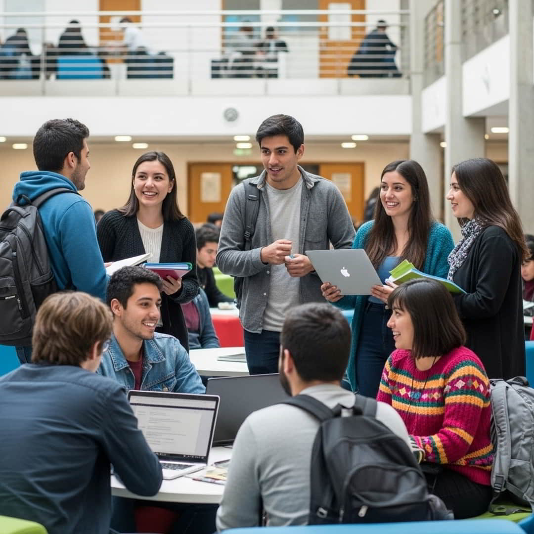 Grupo de estudiantes UDLA compartiendo dentro de la Universidad de Las Américas.