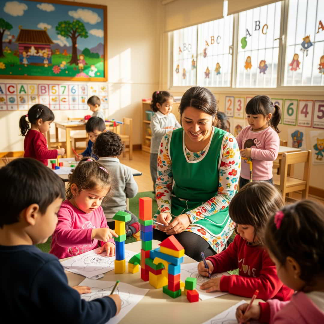 Educadora de párvulos UDLA en una sala de clases con niños y niñas.