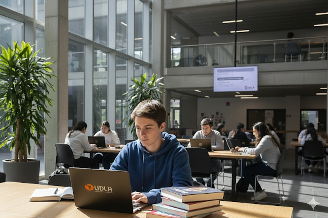 Estudiante de Universidad de Las Américas con su laptop.