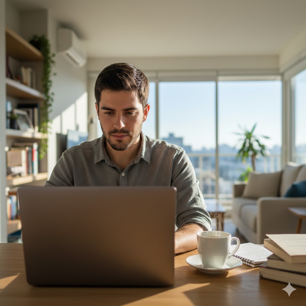 Joven trabajador en su casa estudiando una carrera en modalidad executive.